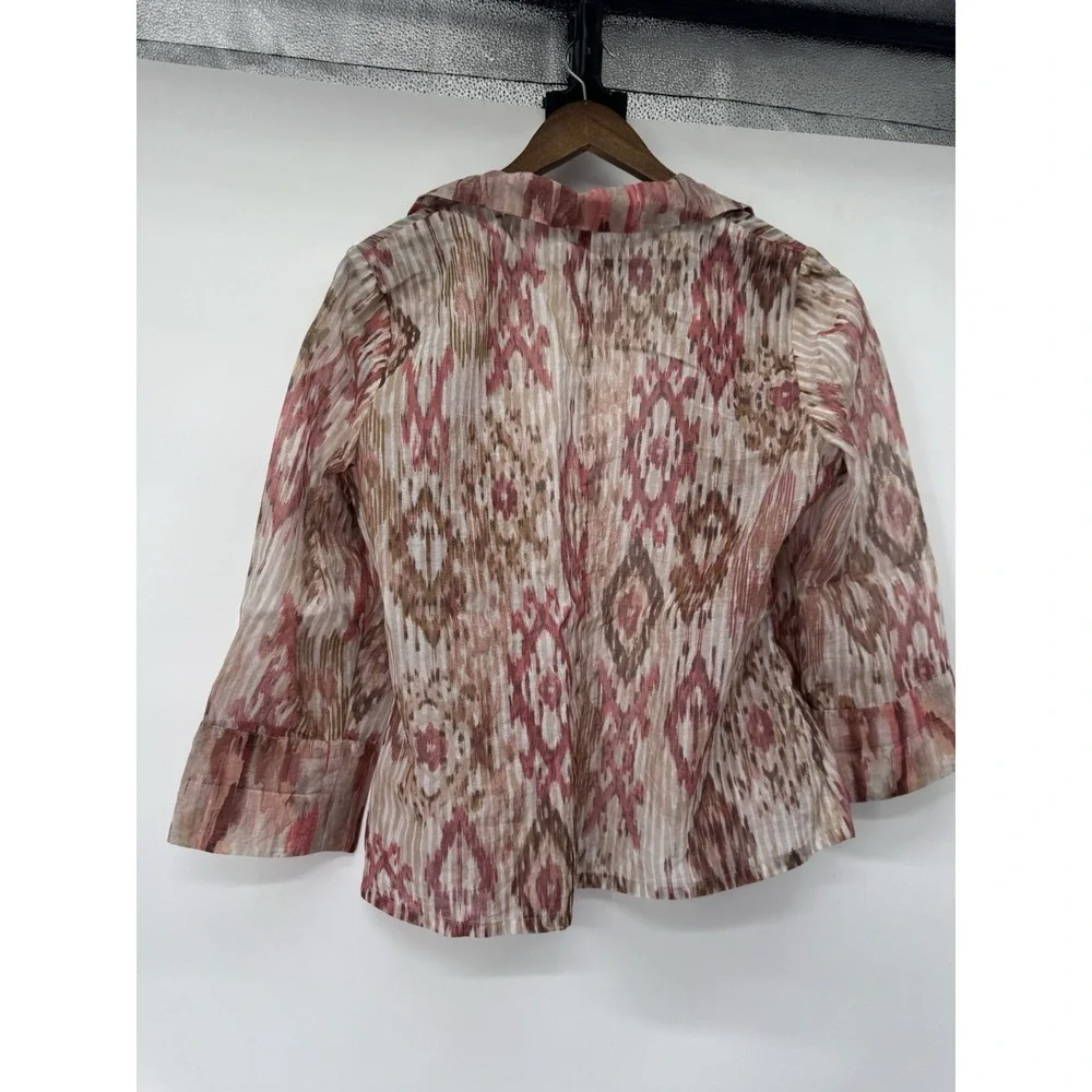 Chicos Jacket Blazer Pink Ikat 3/4 Sleeve Sheer Open Front Office Large 2 Geo‎